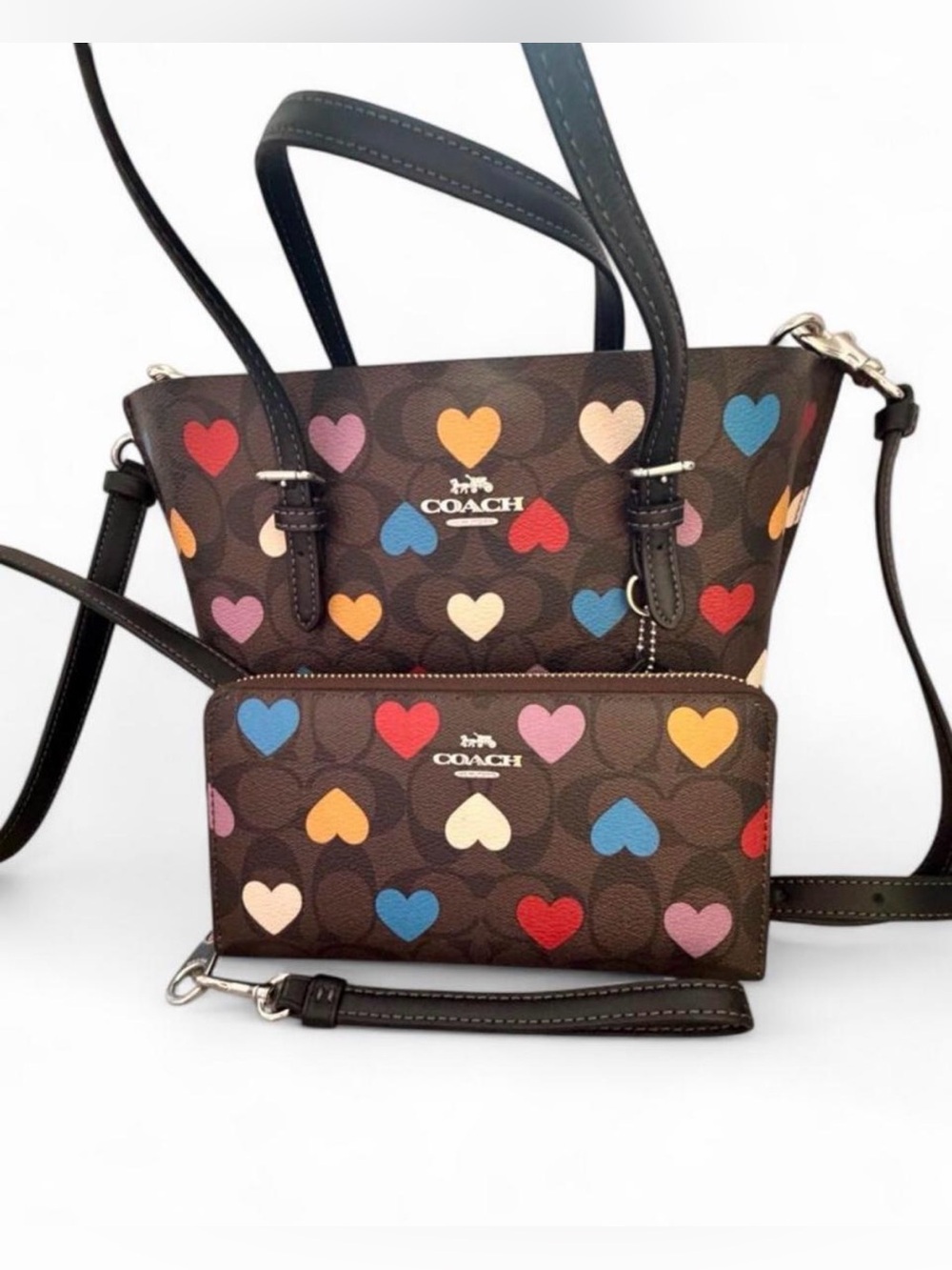 COACH Brown Signature Crossbody Tote & Wristlet with Multicolor Hearts